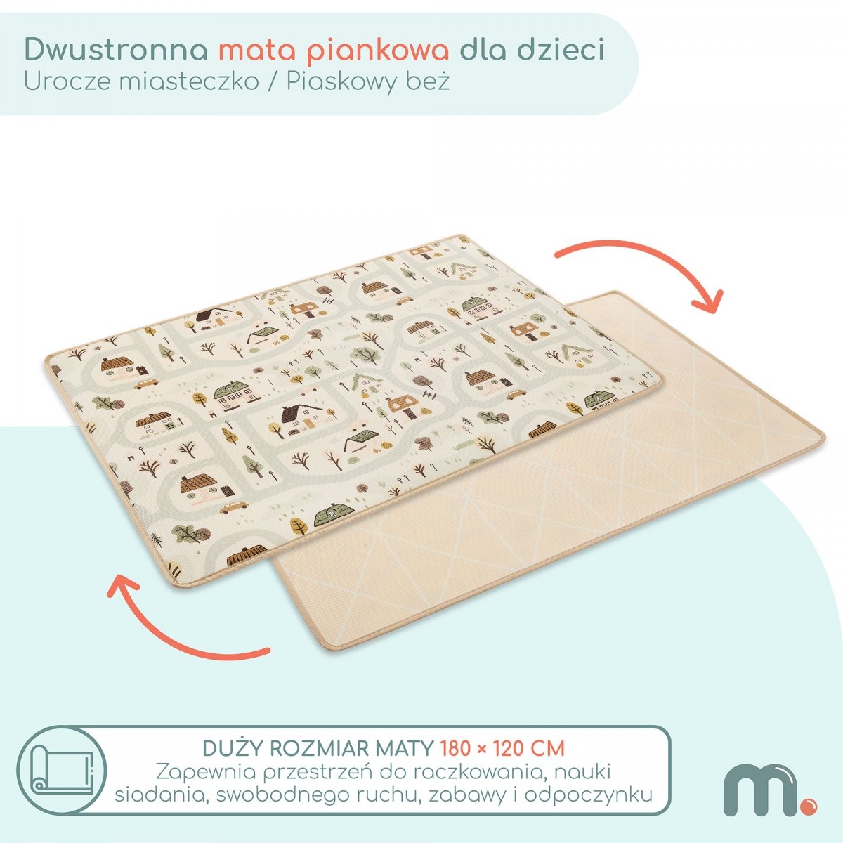 Dwustronna mata piankowa dla dzieci – Urocze miasteczko / Piaskowy beż