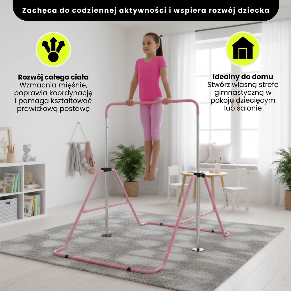 Regulowany drążek gimnastyczny dla dzieci - składany HyperMotion różowy