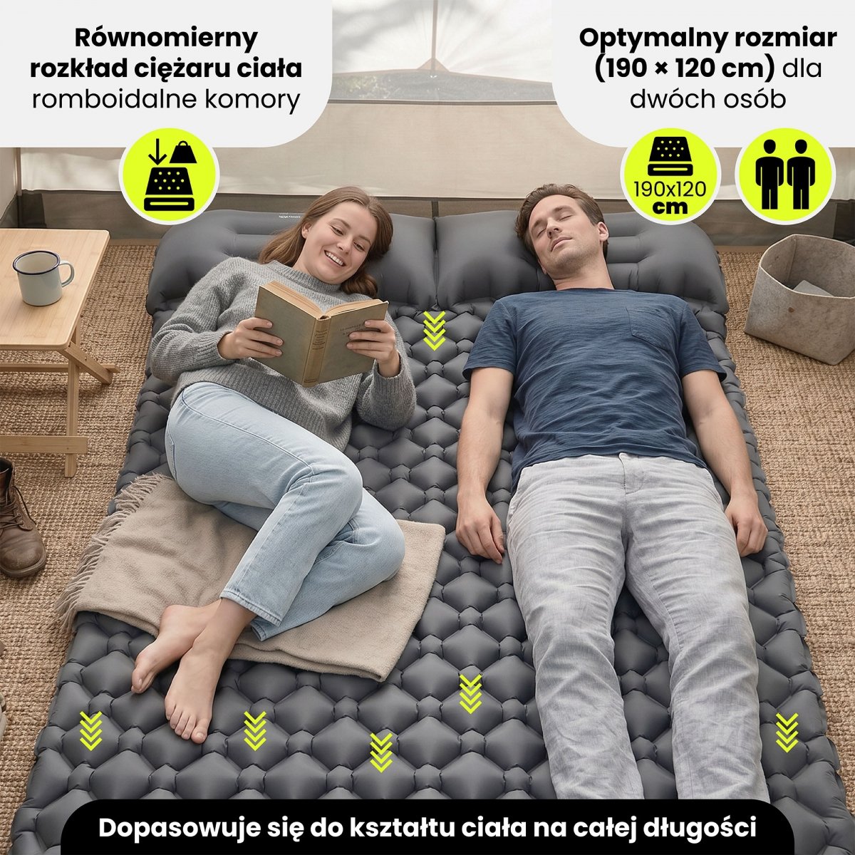 Ultralekki materac dmuchany dwuosobowy do spania na kemping i trekking HyperMotion Campmat – 190x120 cm – szary