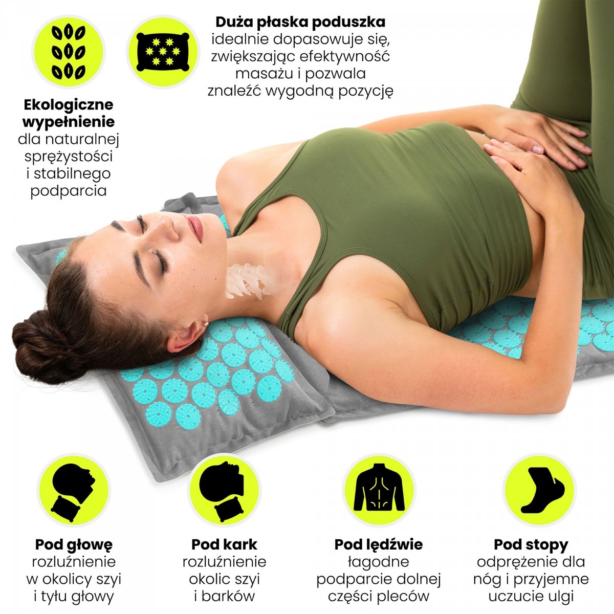 Mata do akupresury ECO lniana z włóknem kokosowym i poduszką z gryki – 68 cm HyperMotion szaro-miętowa