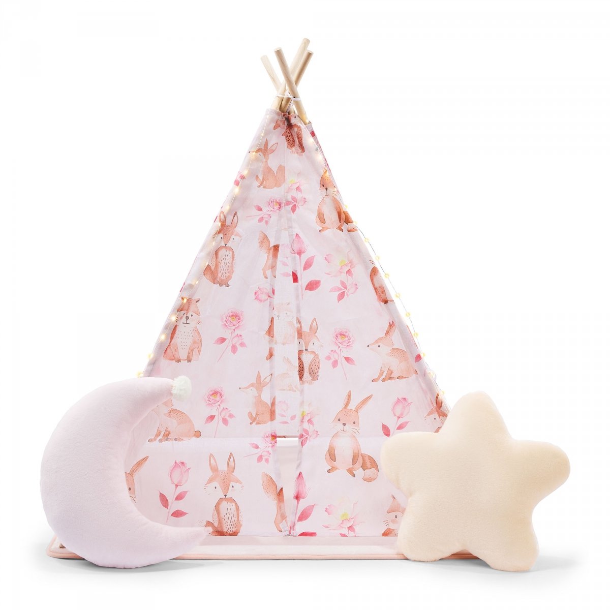 Tipi - namiot dla dziecka do pokoju z dywanem, poduszkami i światełkami LED - 135cm, różowy