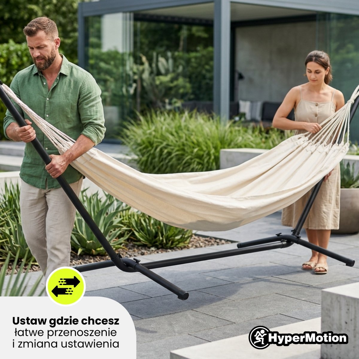 Zestaw hamak ogrodowy + stelaż metalowy – gotowa strefa relaksu