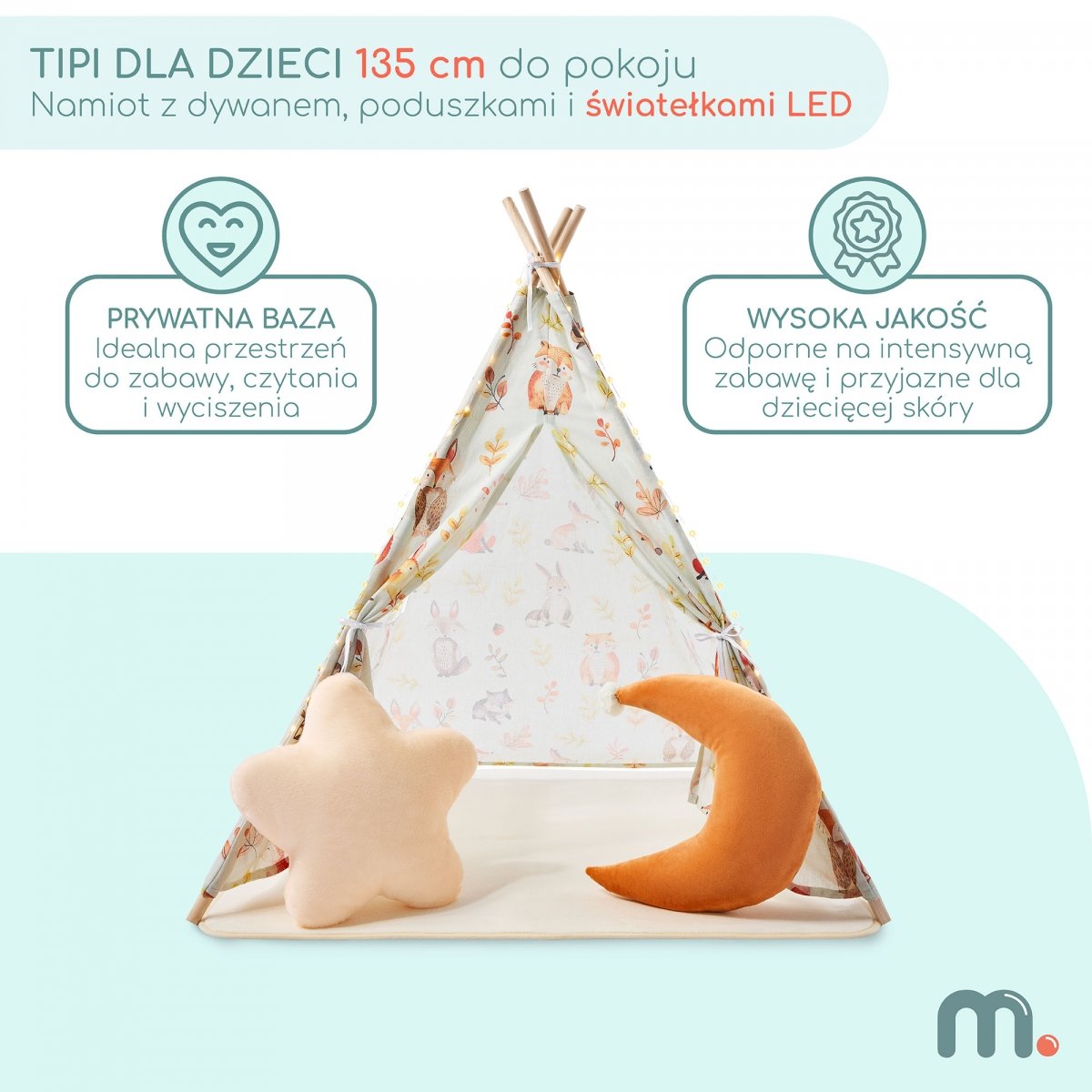 Tipi - namiot dla dziecka do pokoju z dywanem, poduszkami i światełkami LED - 135cm