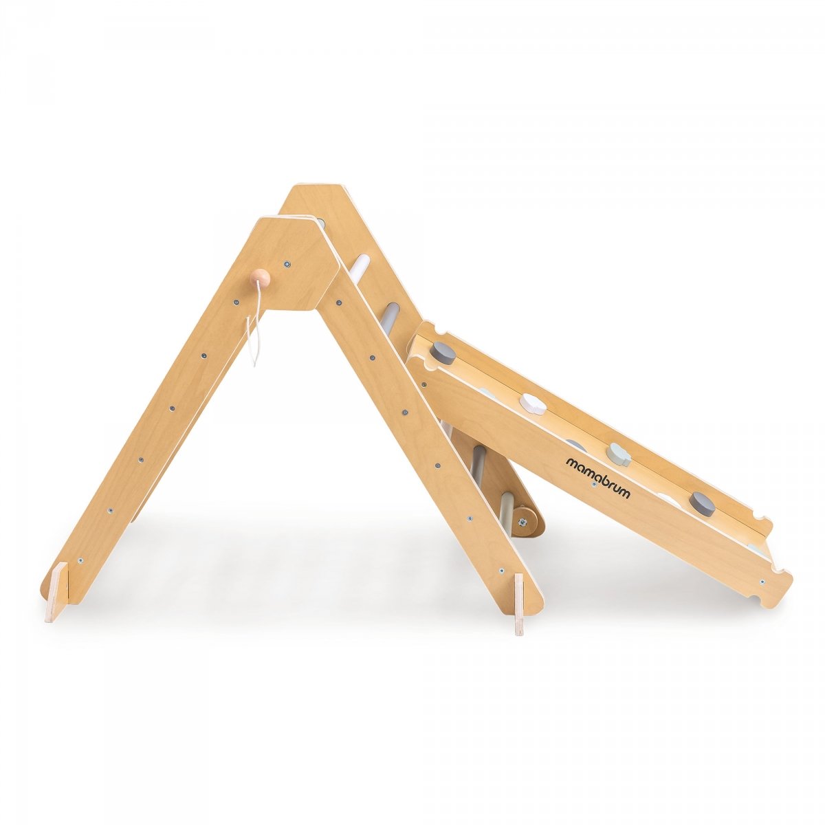 Drewniany domowy plac zabaw dla dzieci - ścianka wspinaczkowa, zjeżdżalnia, łuk wspinaczkowy/bujak i trójkąt Piklera 