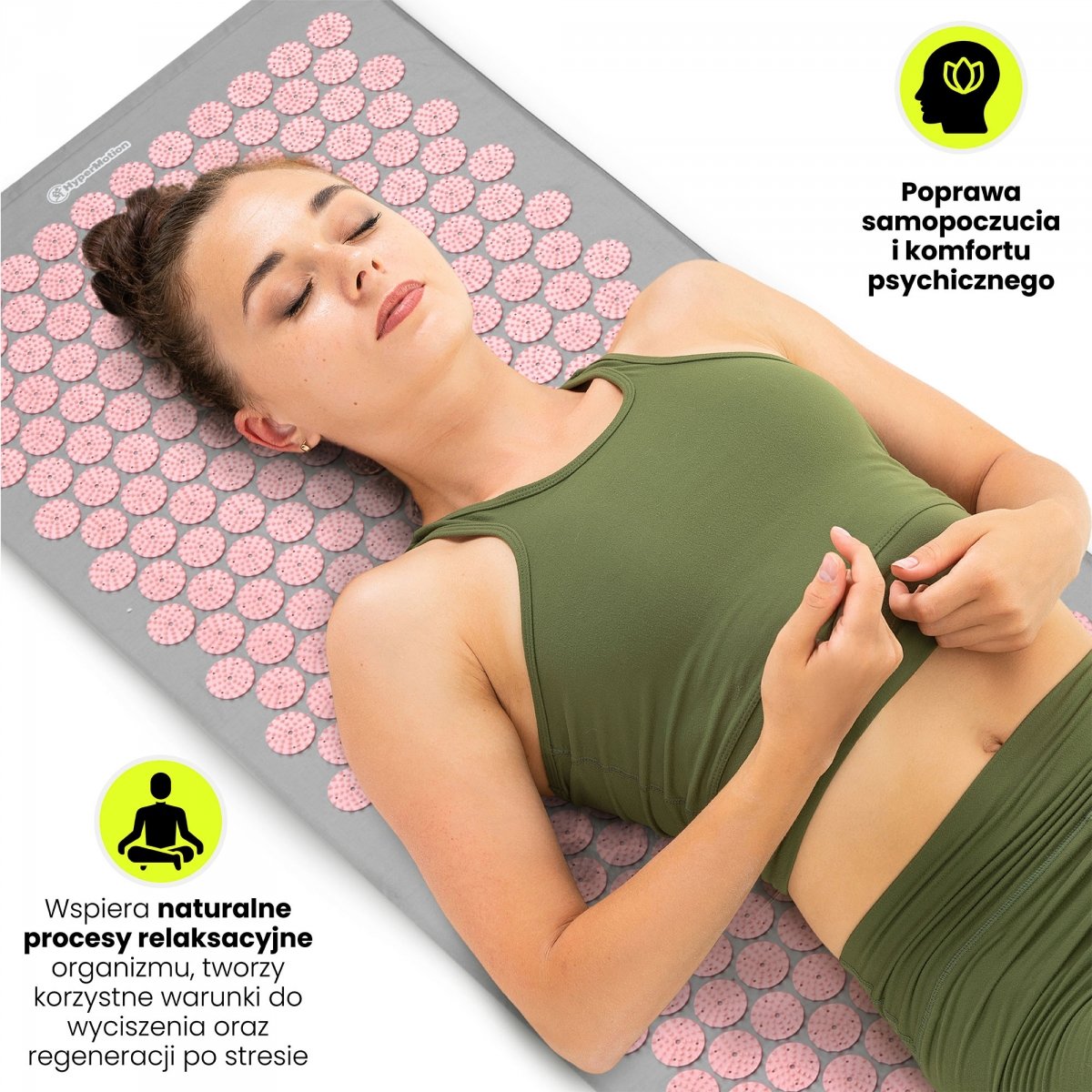 Duża mata do akupresury z poduszką i pokrowcem - 130 cm HyperMotion szaro-różowa