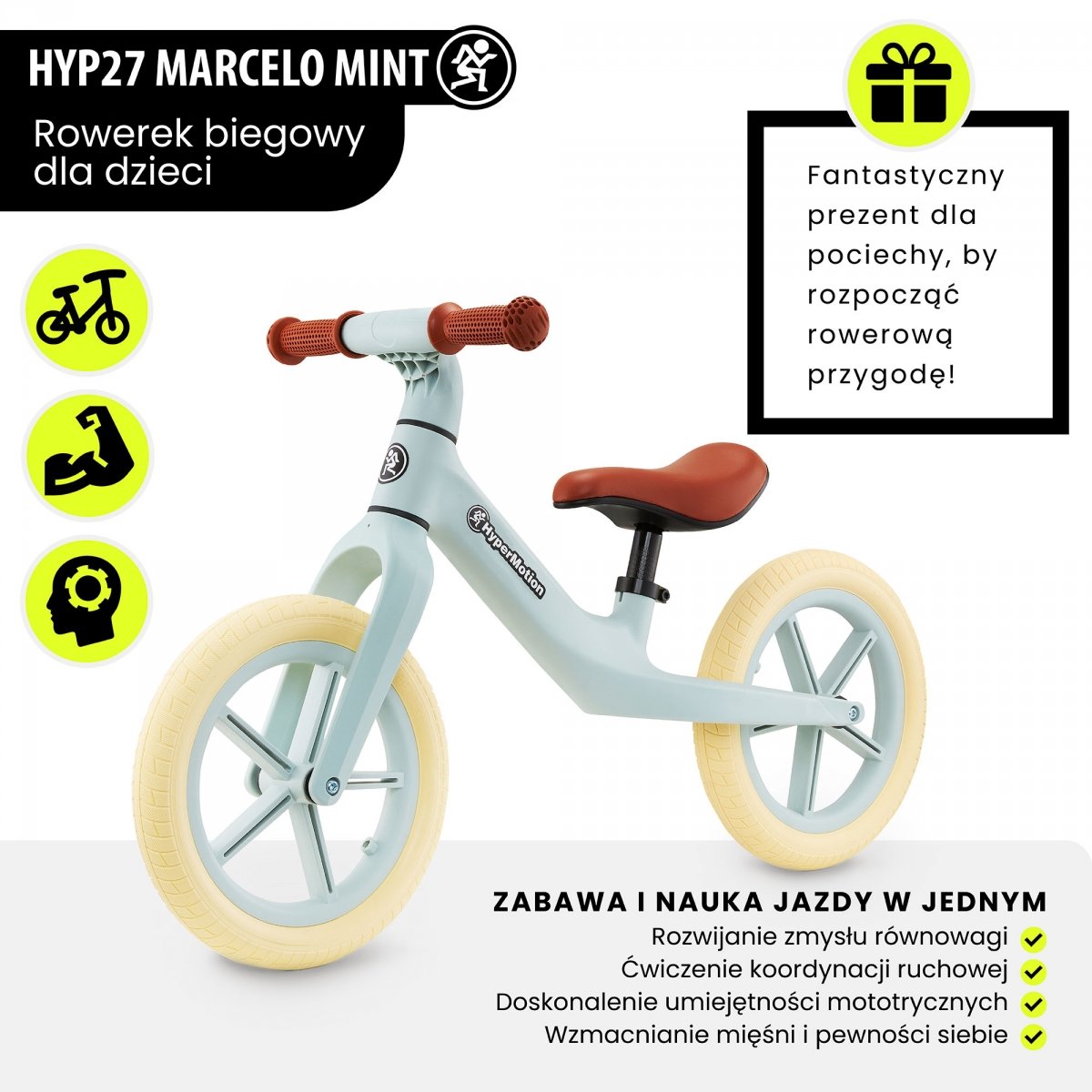 Rowerek biegowy dla dzieci HyperMotion Marcelo - miętowy