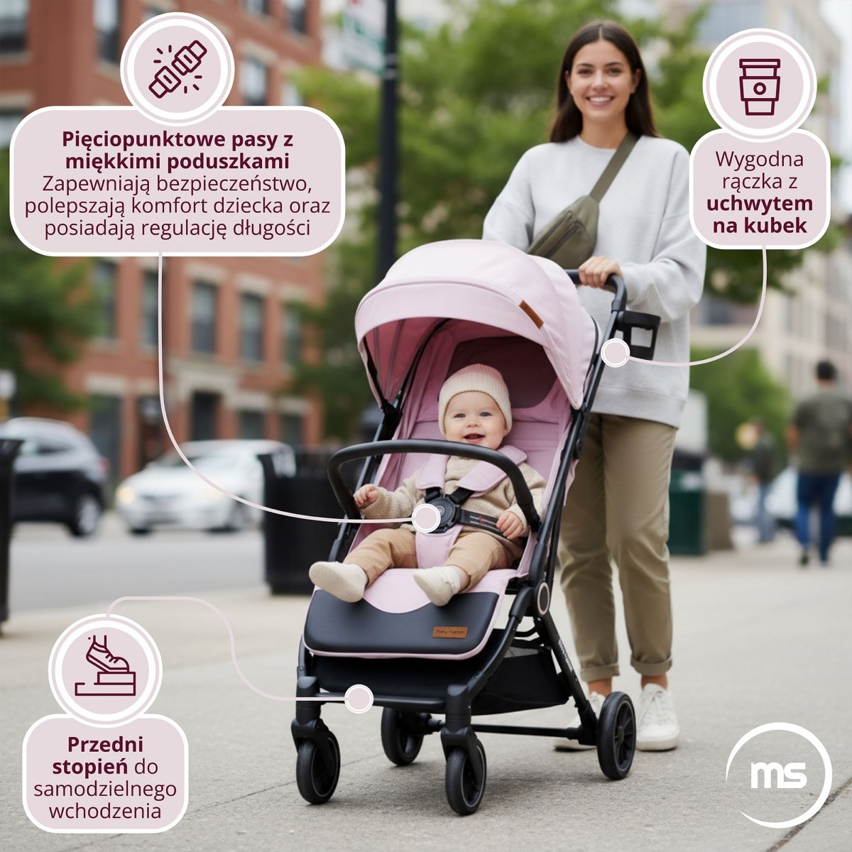 Wózek dziecięcy Spacerówka Moby-System LENA PINK PRO z funkcją WALIZKI