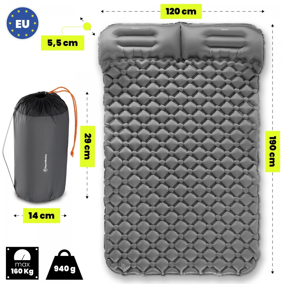 Ultralekki materac dmuchany dwuosobowy do spania na kemping i trekking HyperMotion Campmat – 190x120 cm – szary