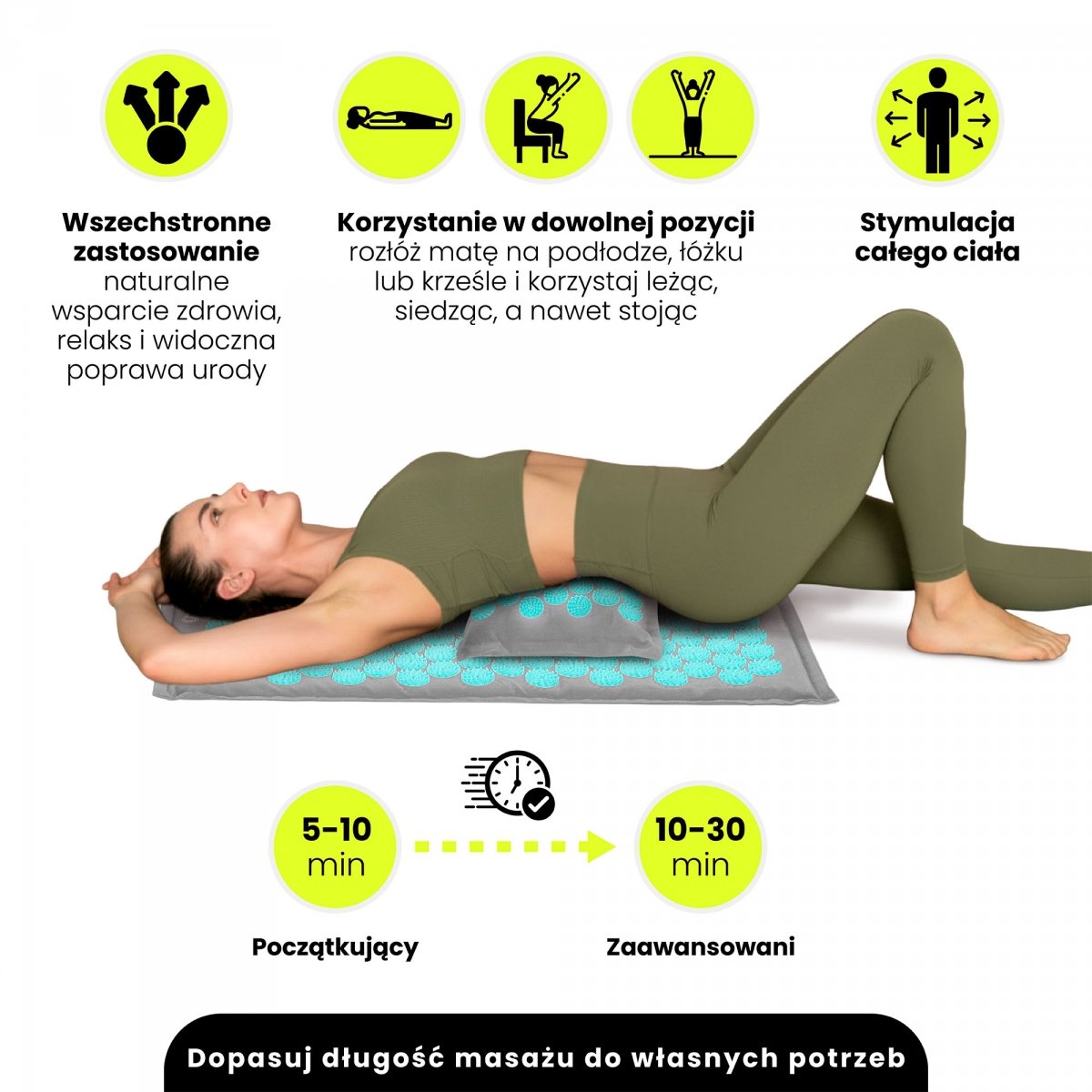 Mata do akupresury ECO lniana z włóknem kokosowym i poduszką z gryki – 68 cm HyperMotion szaro-miętowa