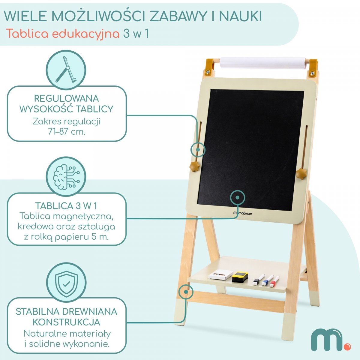 Regulowana drewniana tablica edukacyjna dla dzieci 3 w 1 - tablica magnetyczna i kredowa, rolka papieru, składana sztaluga