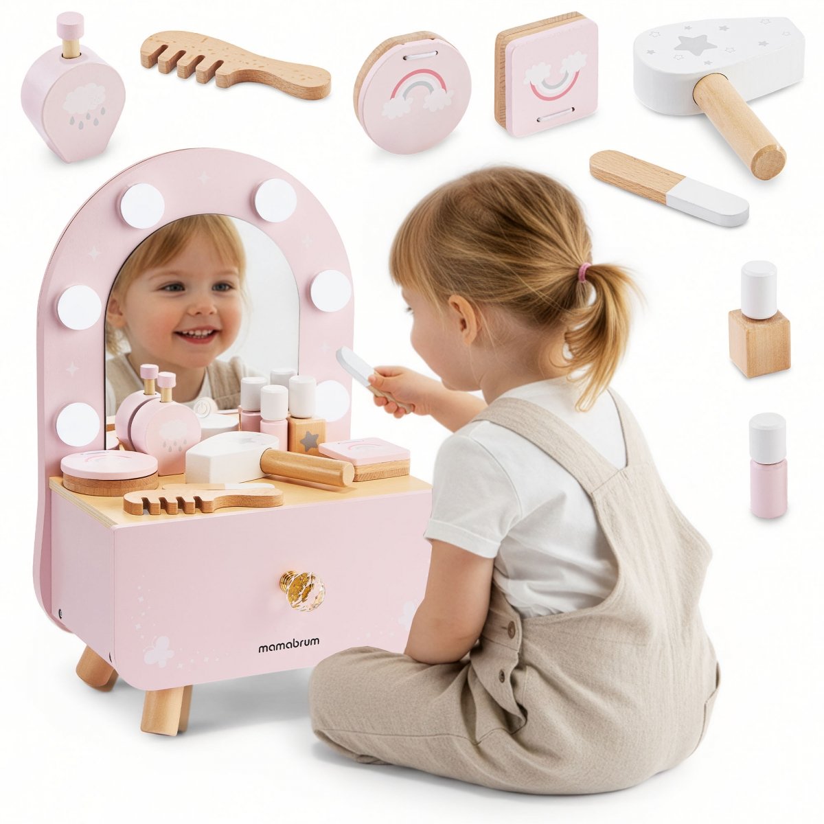 Drewniana mini toaletka dla dzieci z akcesoriami i oświetleniem LED o płynnej regulacji jasności