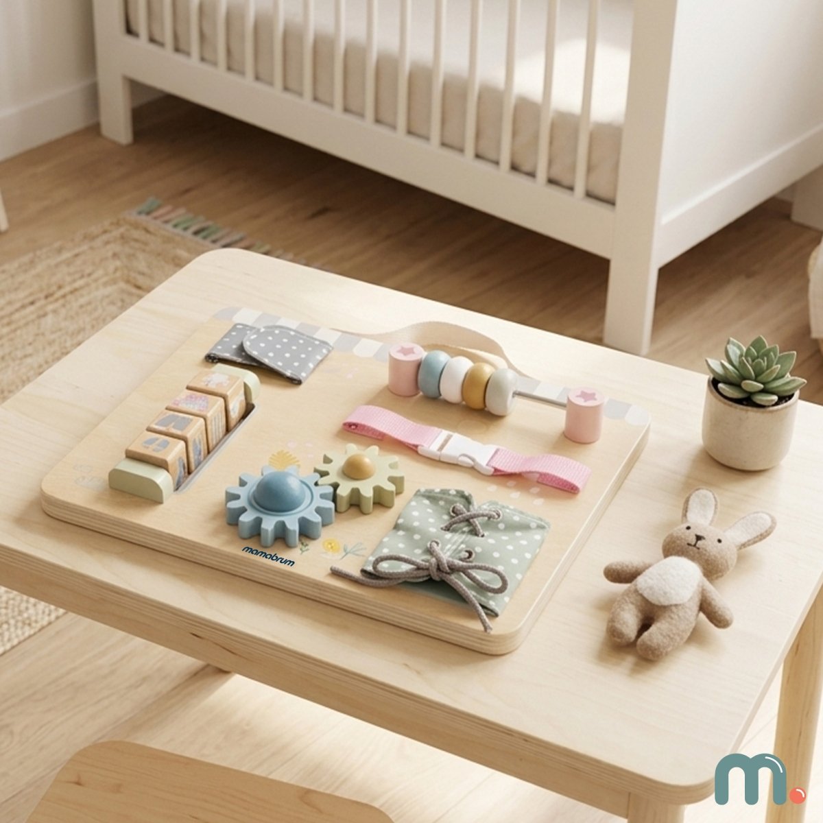 Drewniana tablica manipulacyjna Montessori dla dzieci – Rozwój Sprawności Manualnej – koła zębate, zapięcia, sznurowanie