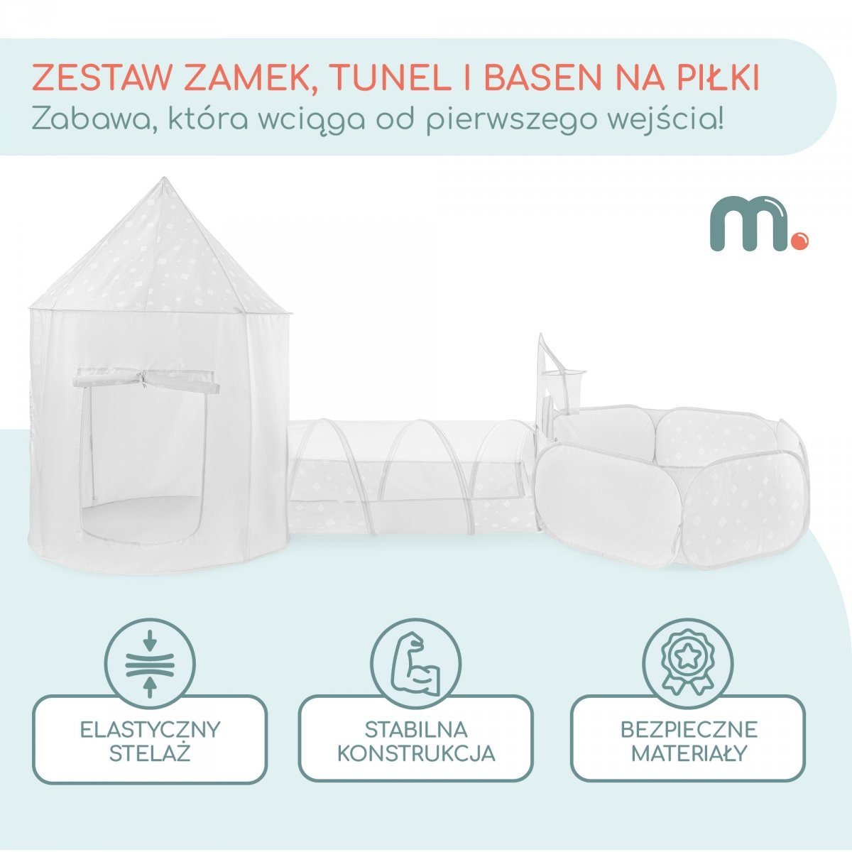 Zestaw do zabawy dla dzieci 3 w 1 - zamek, tunel, basen na piłki - plac zabaw do pokoju i ogrodu