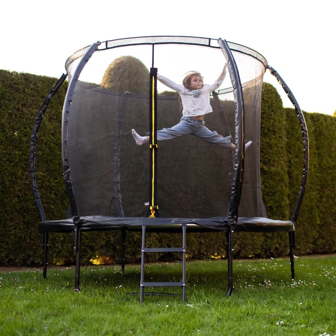 Trampolina ogrodowa dla dzieci HyperMotion - 244 cm 8FT - z drabinką i siatką wewnętrzną - do domu i ogrodu