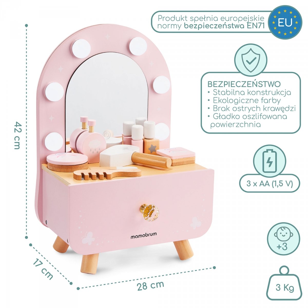 Drewniana mini toaletka dla dzieci z akcesoriami i oświetleniem LED o płynnej regulacji jasności