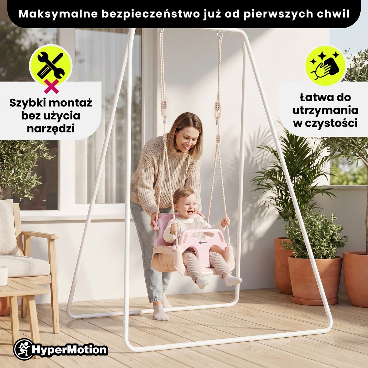 Huśtawka kubełkowa 3w1 dla dziecka, do domu i ogrodu - różowa