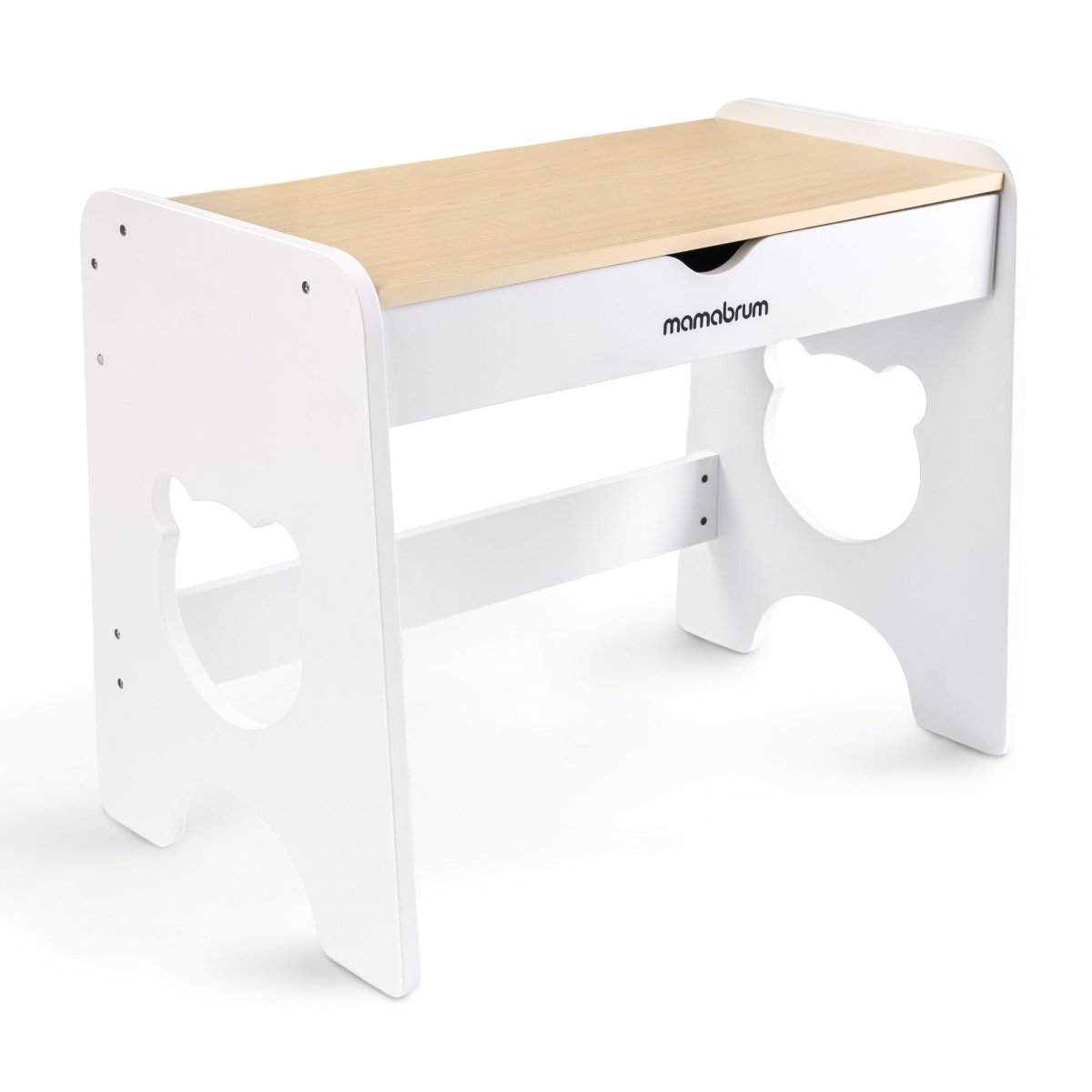 Zestaw dla dzieci - biały, drewniany stolik - biurko z szufladą i krzesełkiem - Miś