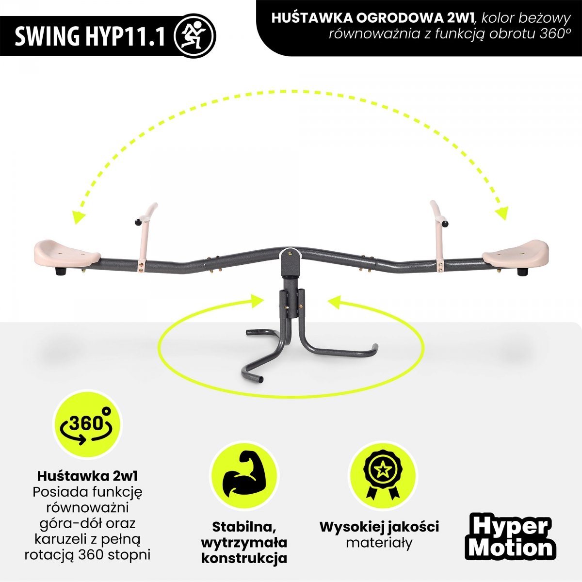 Huśtawka ogrodowa 2w1 - równoważnia z funkcją obrotu 360° - kolor beżowy