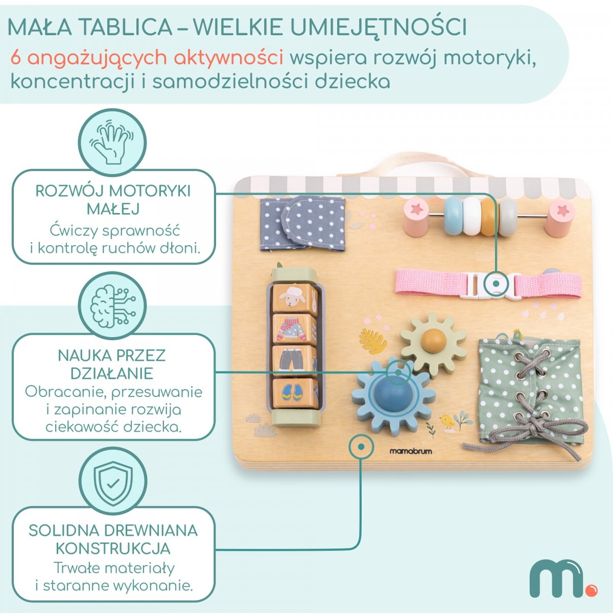 Drewniana tablica manipulacyjna Montessori dla dzieci – Rozwój Sprawności Manualnej – koła zębate, zapięcia, sznurowanie
