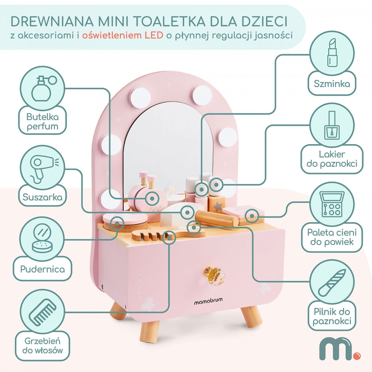 Drewniana mini toaletka dla dzieci z akcesoriami i oświetleniem LED o płynnej regulacji jasności