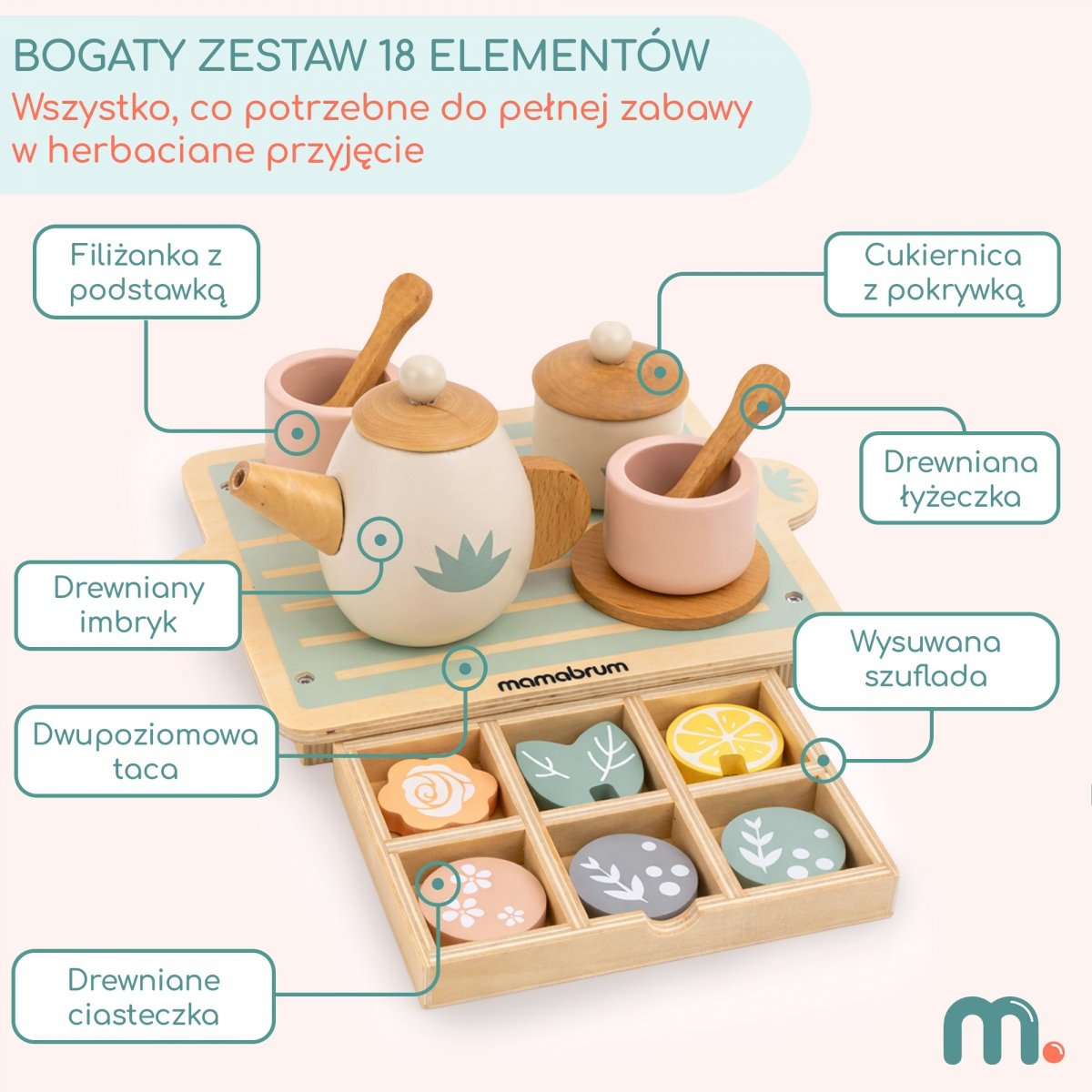 Drewniany zestaw do herbaty z tacą i akcesoriami - 18 elementów