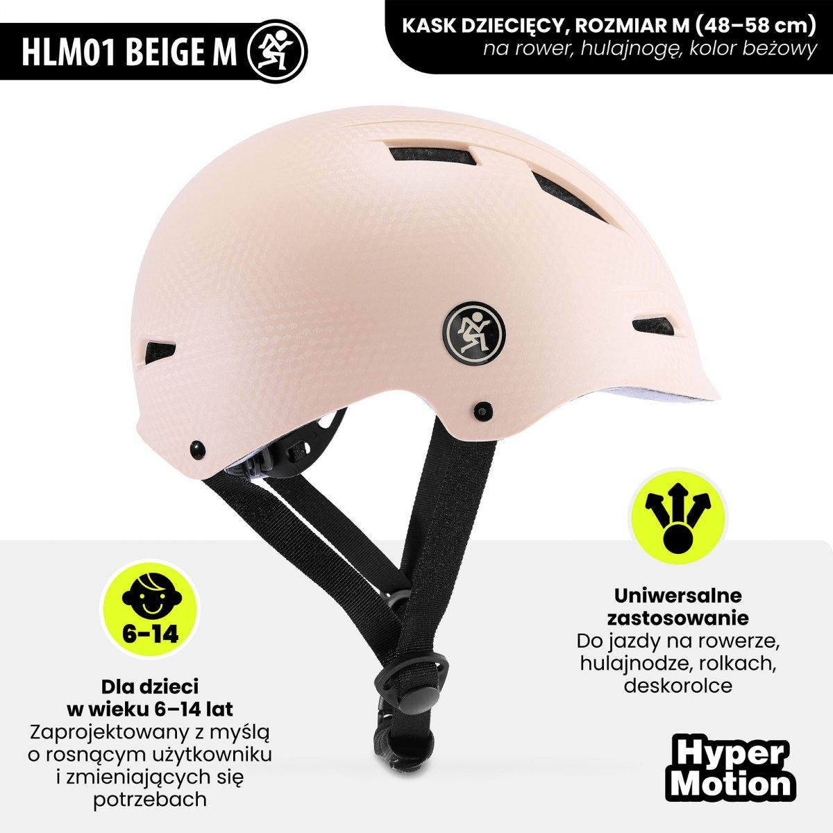 Kask dziecięcy i młodzieżowy na rower, hulajnogę HyperMotion rozmiar M (48-58 cm), kolor beżowy