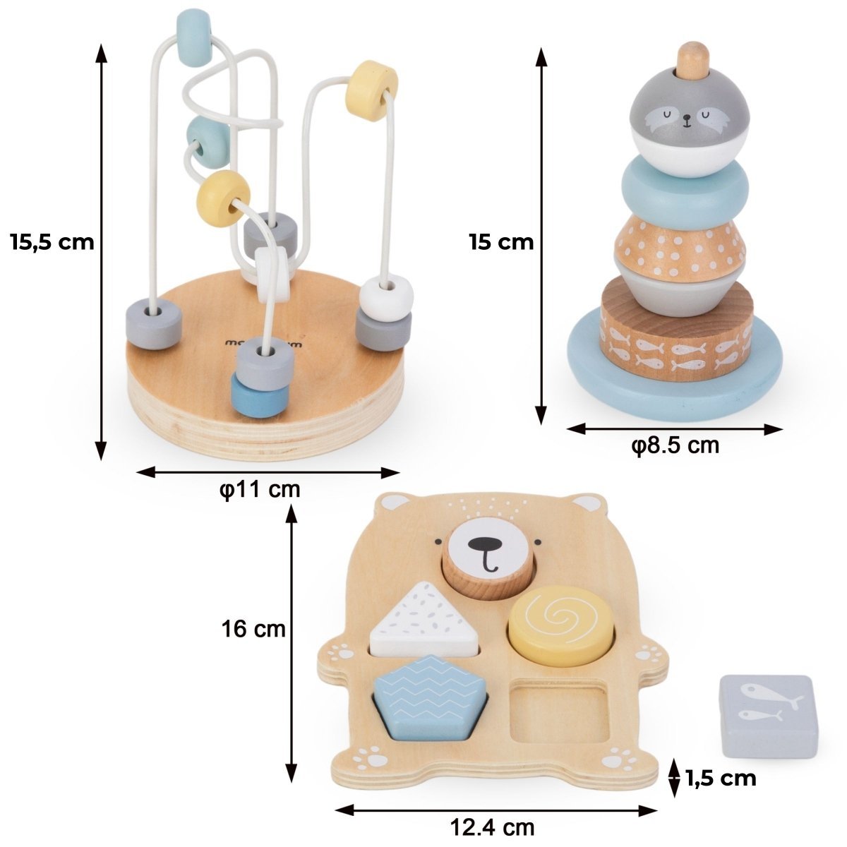 Zestaw drewnianych zabawek - kolorowa przeplatanka, piramidka Foczka, sorter Miś