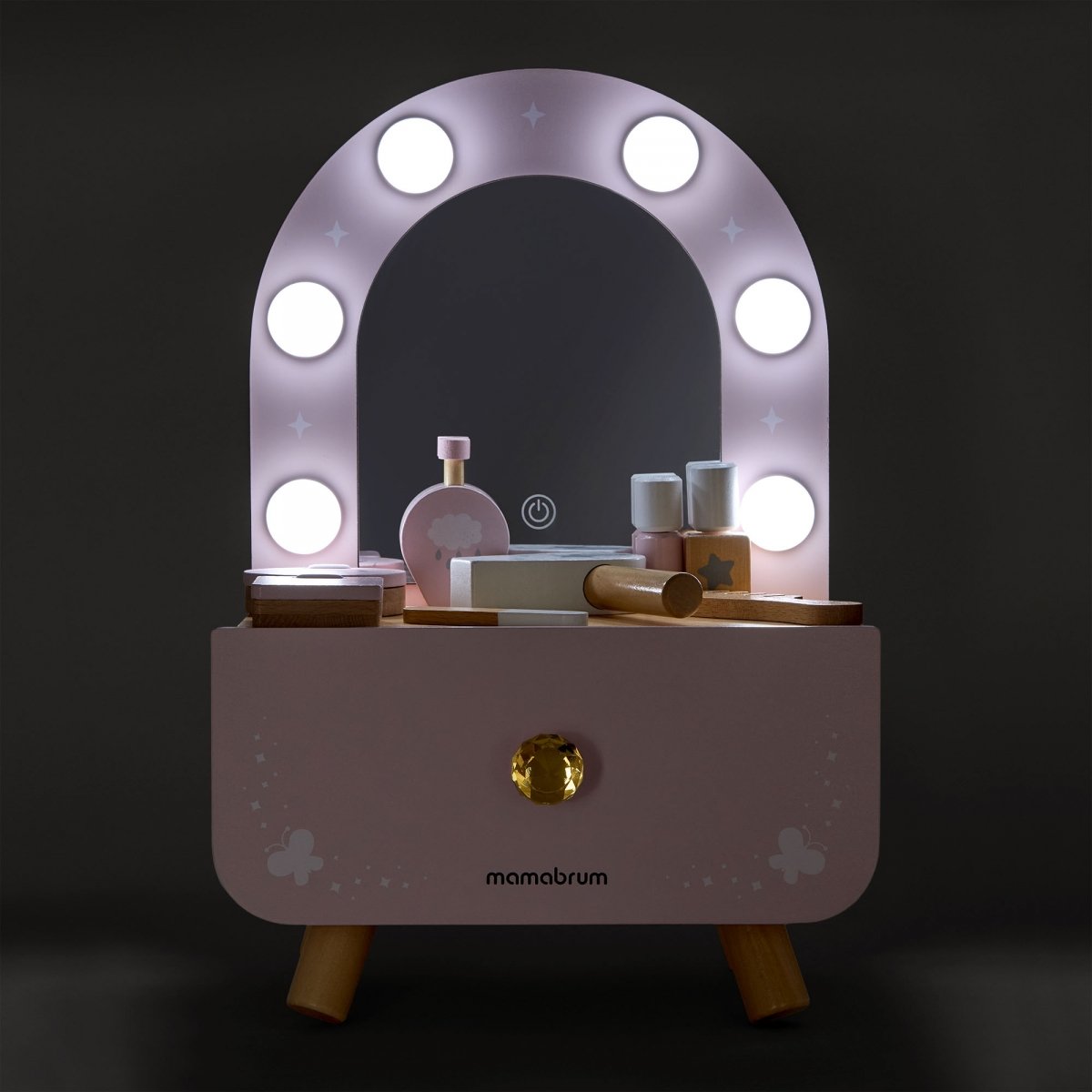 Drewniana mini toaletka dla dzieci z akcesoriami i oświetleniem LED o płynnej regulacji jasności