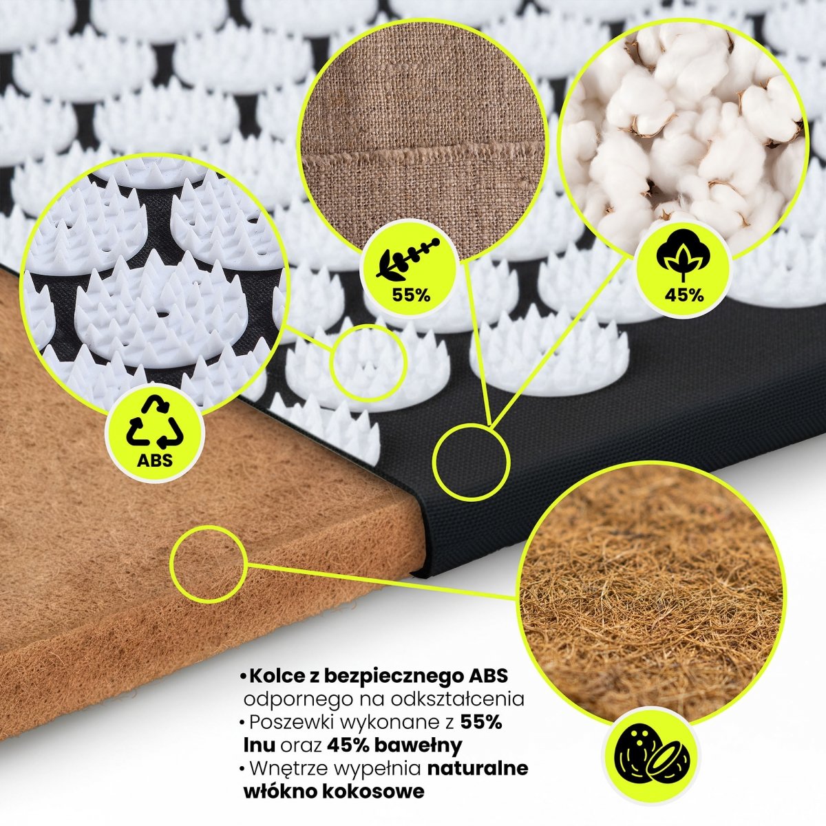 Mata do akupresury ECO lniana z włóknem kokosowym i poduszką z gryki – 68 cm HyperMotion czarno-biała