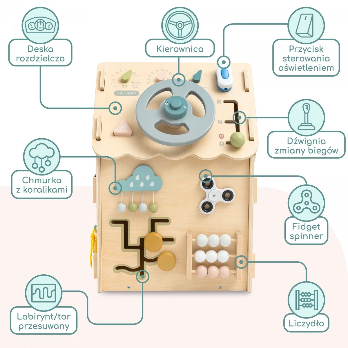 Drewniany, edukacyjny domek aktywności Montessori 6 w 1- sensoryczna tablica manipulacyjna