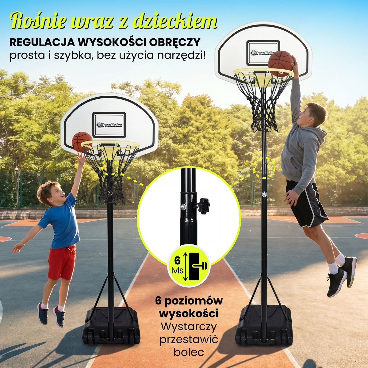 Wolnostojący kosz do koszykówki dla dzieci z regulacją wysokości 165–215 cm, tablica 73 × 49 cm - HyperMotion
