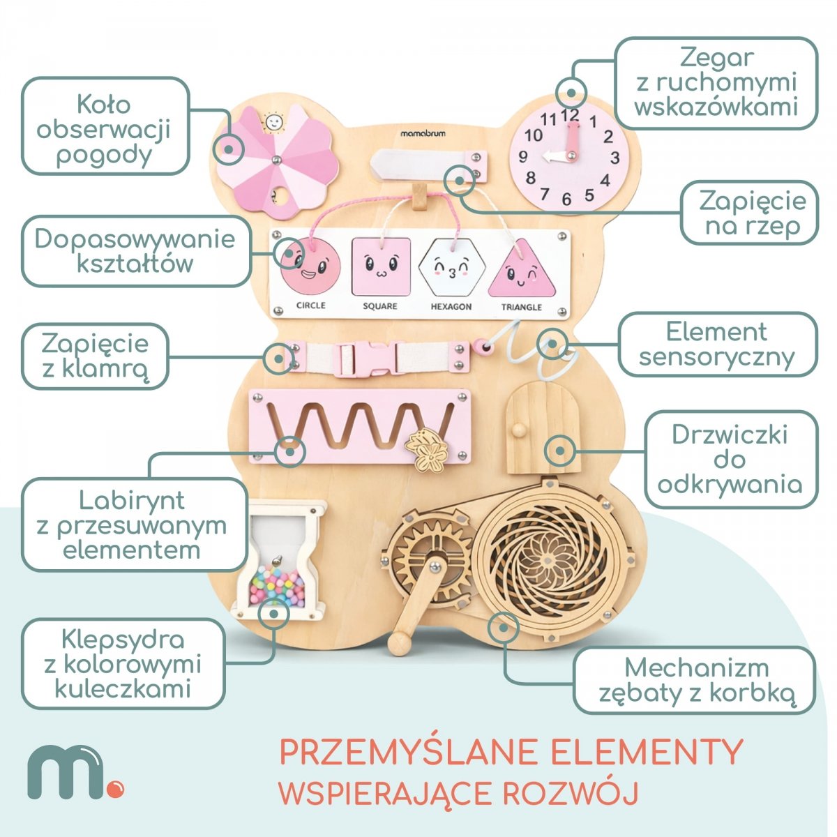 Drewniana tablica sensoryczna Montessori Miś Mamabrum – zegar, kształty, labirynt i ruchome elementy