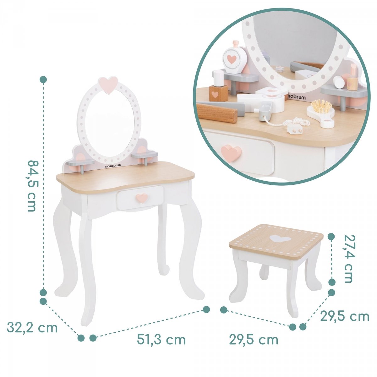 Drewniana toaletka z taboretem i akcesoriami