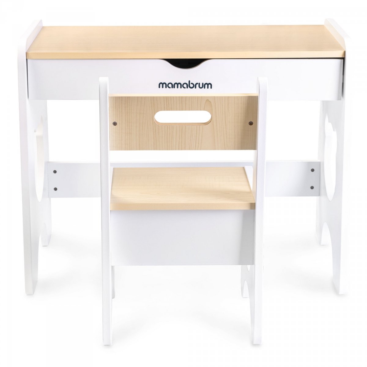 Zestaw dla dzieci - biały, drewniany stolik - biurko z szufladą i krzesełkiem - Miś