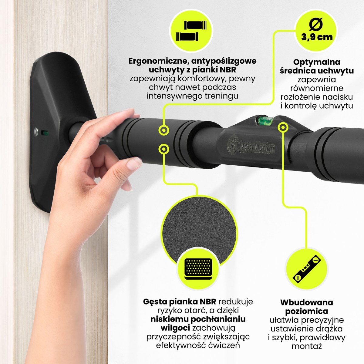 Drążek rozporowy do podciągania HyperMotion regulowany 70–100 cm, 200kg, czarny