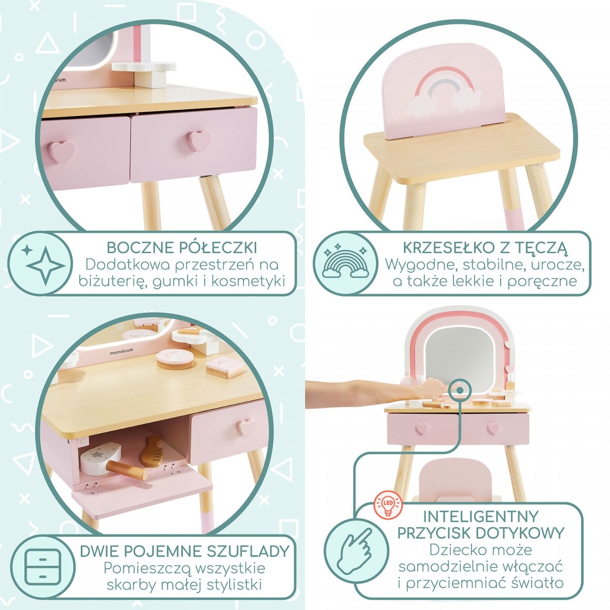 Drewniana toaletka dla dzieci z oświetleniem LED o płynnej regulacji jasności, krzesełkiem i akcesoriami