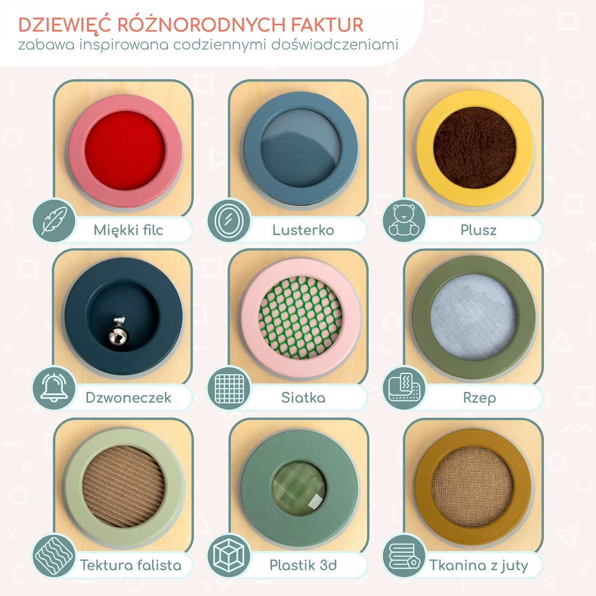 Drewniana tablica sensoryczna Montessori – 9 tekstur do odkrywania i ćwiczenia zmysłu dotyku