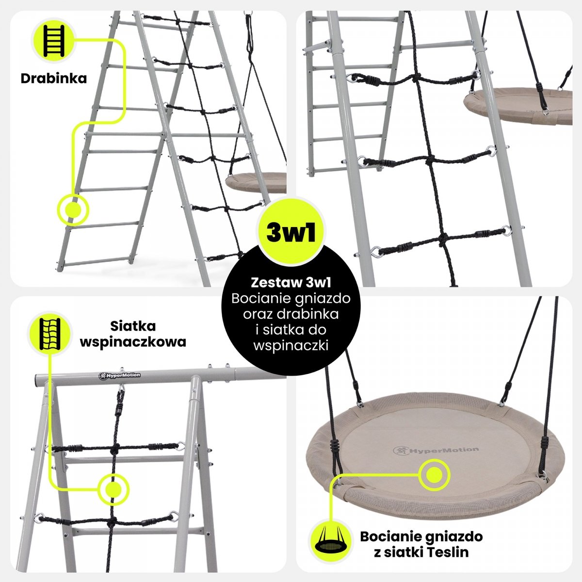 Ogrodowy plac zabaw XL 3w1 z bocianim gniazdem, drabinką i siatką wspinaczkową HyperMotion