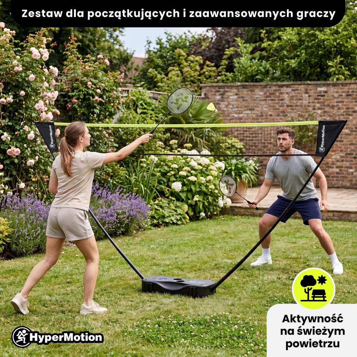 Przenośny zestaw do badmintona HyperMotion z siatką i walizką – 2 rakiety, 2 lotki