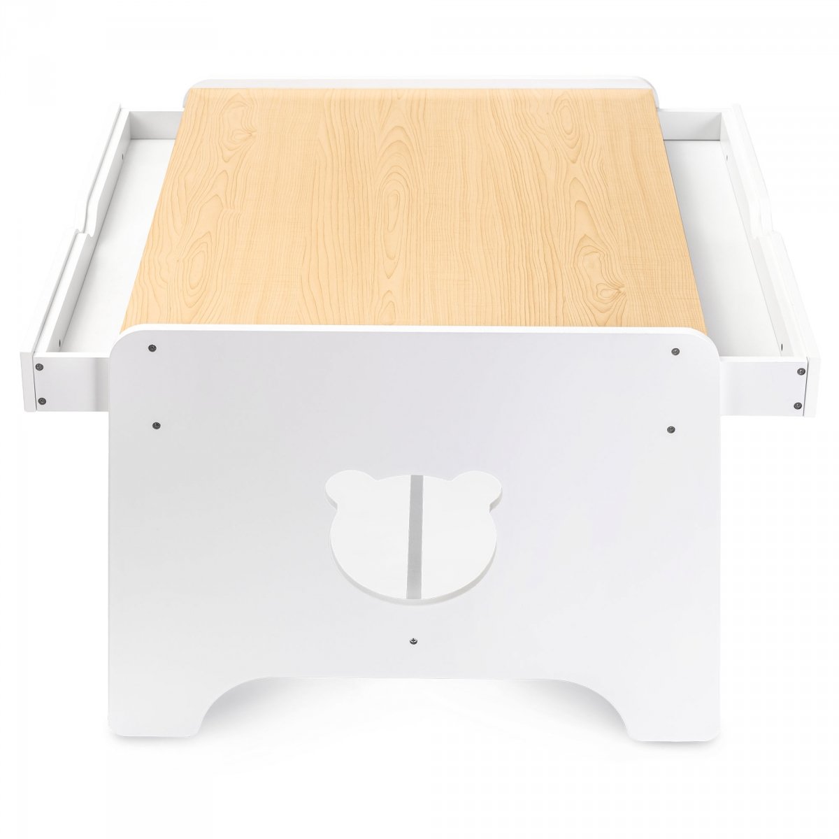 Duży zestaw mebli dla dzieci - biały, drewniany stolik - biurko, dwie szuflady + 4 krzesełka - Miś