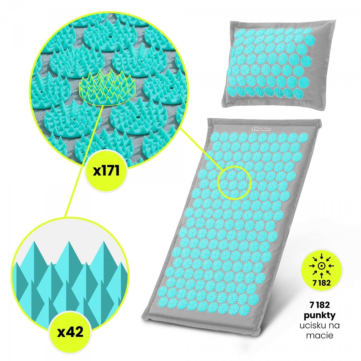 Mata do akupresury ECO lniana z włóknem kokosowym i poduszką z gryki – 68 cm HyperMotion szaro-miętowa