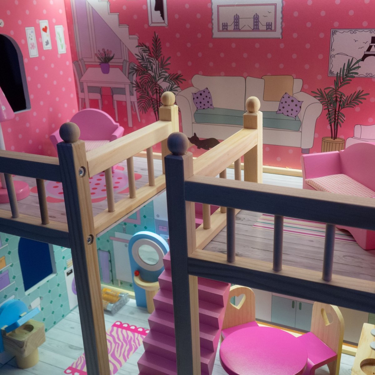Duży drewniany 3-piętrowy domek dla lalek z tarasem, zestawem mebli i oświetleniem LED!