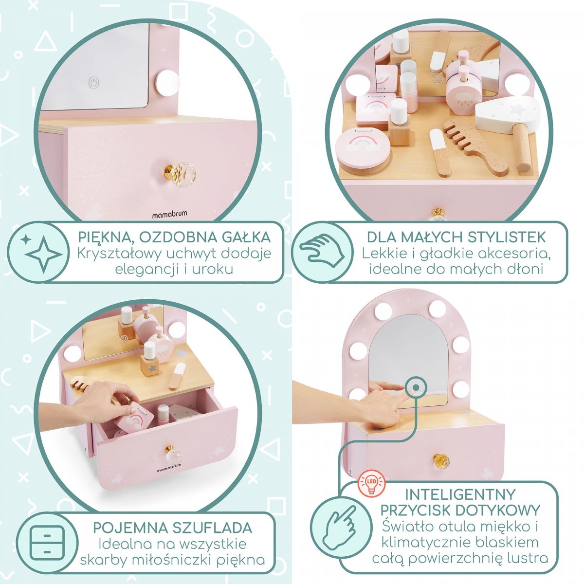 Drewniana mini toaletka dla dzieci z akcesoriami i oświetleniem LED o płynnej regulacji jasności