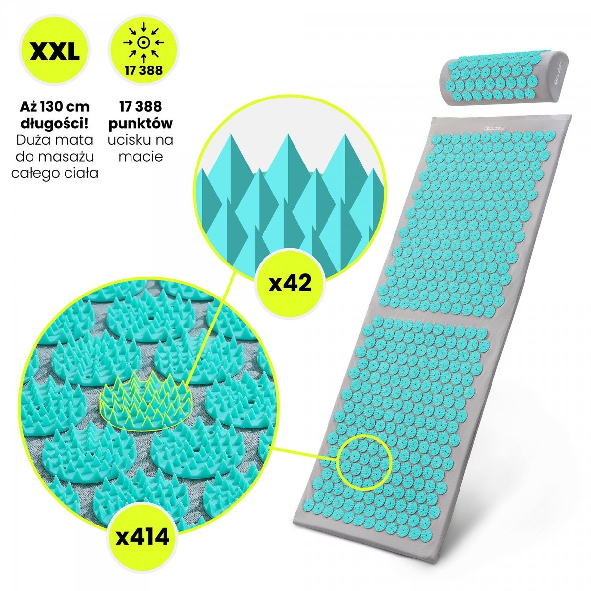 Duża mata do akupresury z poduszką i pokrowcem - 130 cm HyperMotion szaro-miętowa