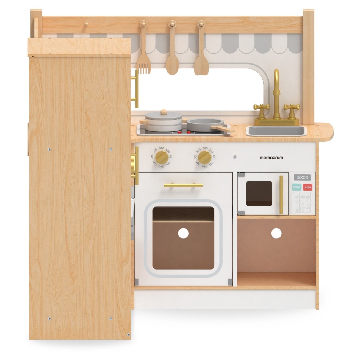 Drewniana, interaktywna kuchnia narożna XXXL z lodówką, mikrofalą, piekarnikiem, pralką i akcesoriami - naturalna
