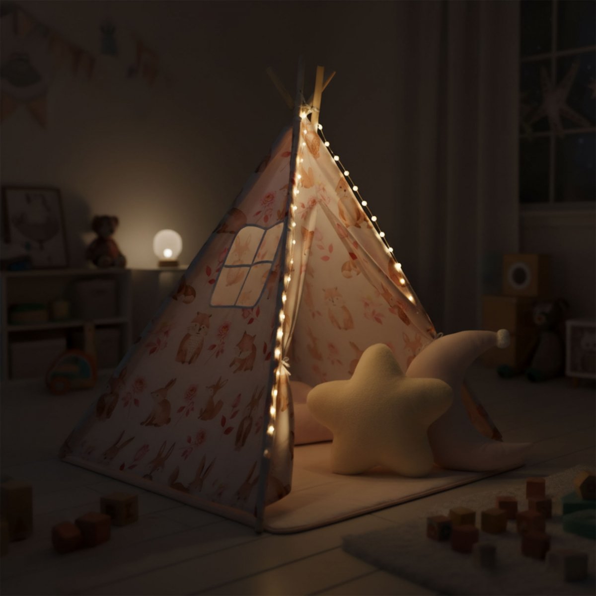 Tipi - namiot dla dziecka do pokoju z dywanem, poduszkami i światełkami LED - 135cm, różowy