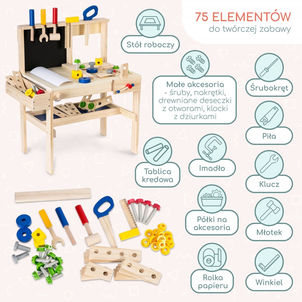 Drewniany zestaw majsterkowicza warsztat XXL - 75 elementów