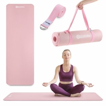 Mata do ćwiczeń fitness i jogi NBR z wielofunkcyjnym paskiem do ćwiczeń i przenoszenia - 183 x 61 x 0,8 cm HyperMotion - kolor różowy