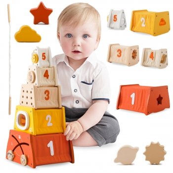 Drewniana piramidka edukacyjna Montessori - sorter kształtów, labirynt, cyfry