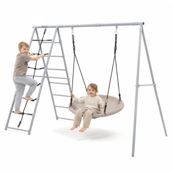 Ogrodowy plac zabaw XL 3w1 z bocianim gniazdem, drabinką i siatką wspinaczkową HyperMotion